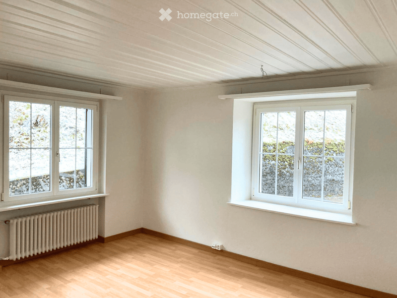 empty room, 2 windows, wooden floor, white walls, white ceiling, heating