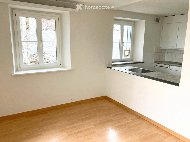 Empty room, wooden floor, white walls, double window with white frames, single sink, kitchen counter, light switch, cupboards