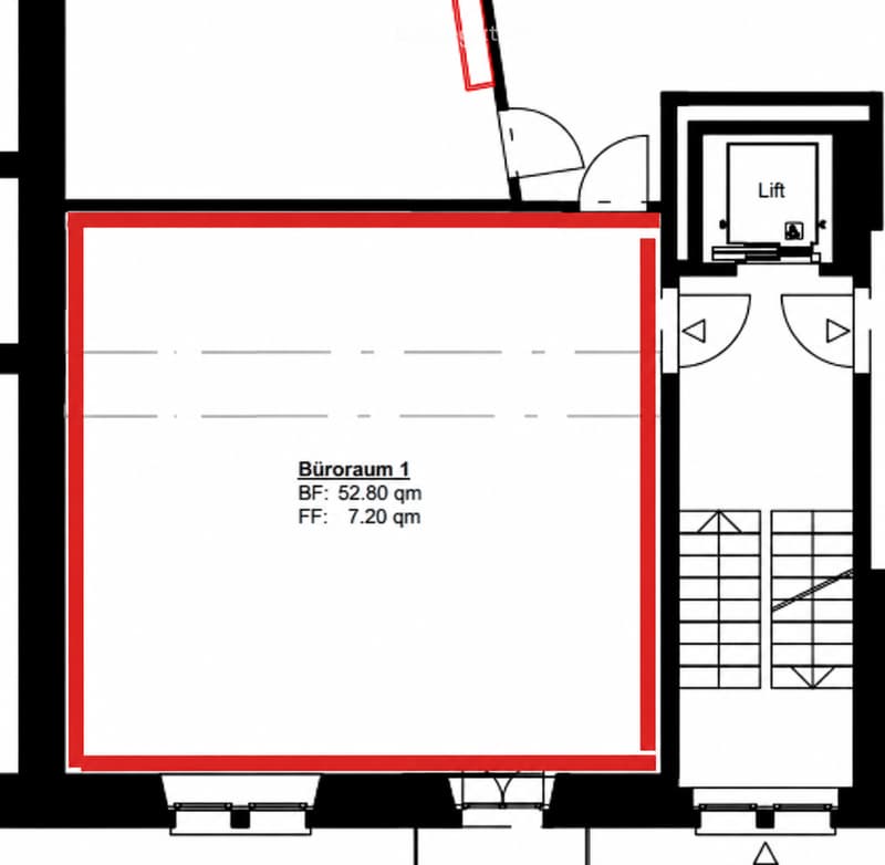 Floor plan showing a single office space labeled "Büroraum 1" with dimensions 52.80 sqm on the base floor and 7.20 sqm on the finished floor, adjacent to a lift and other rooms.