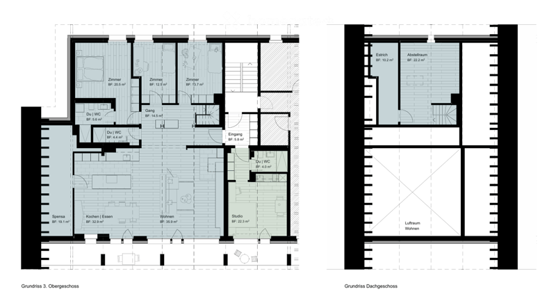 Floor plan of a multi-level residential building showing the upper floor and attic floor. The upper floor includes bedrooms, bathrooms, a living area, kitchen, and hallway. The attic floor includes a storage room, living space, and a small bedroom.