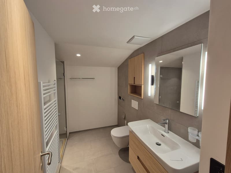 Modern bathroom with a white sink, wooden cabinet, large mirror, toilet, and a white radiator. The walls are tiled in neutral tones, and the ceiling has recessed lighting.