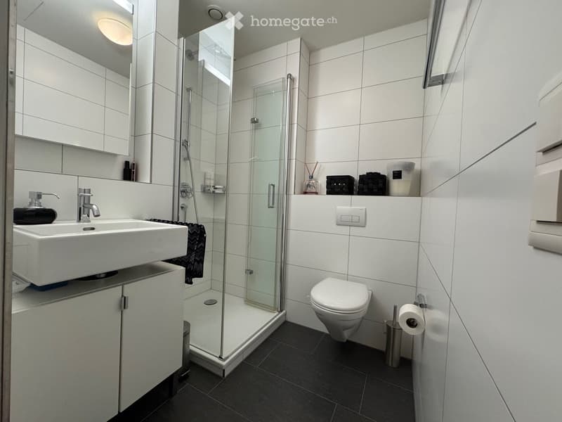 Modern bathroom with white tiles, a glass-enclosed shower, a white sink with a modern faucet, a toilet, and a towel hanging on the wall.