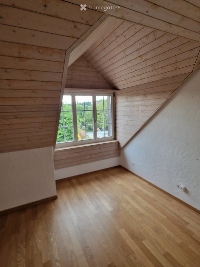Empty attic space with wooden floors, slanted wooden ceiling, and a single window offering a view of greenery outside.