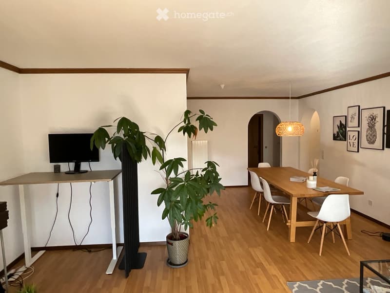 A modern, well-lit room with a wooden floor, a large potted plant, a dining table with chairs, a desk with a screen, and a hanging lamp.