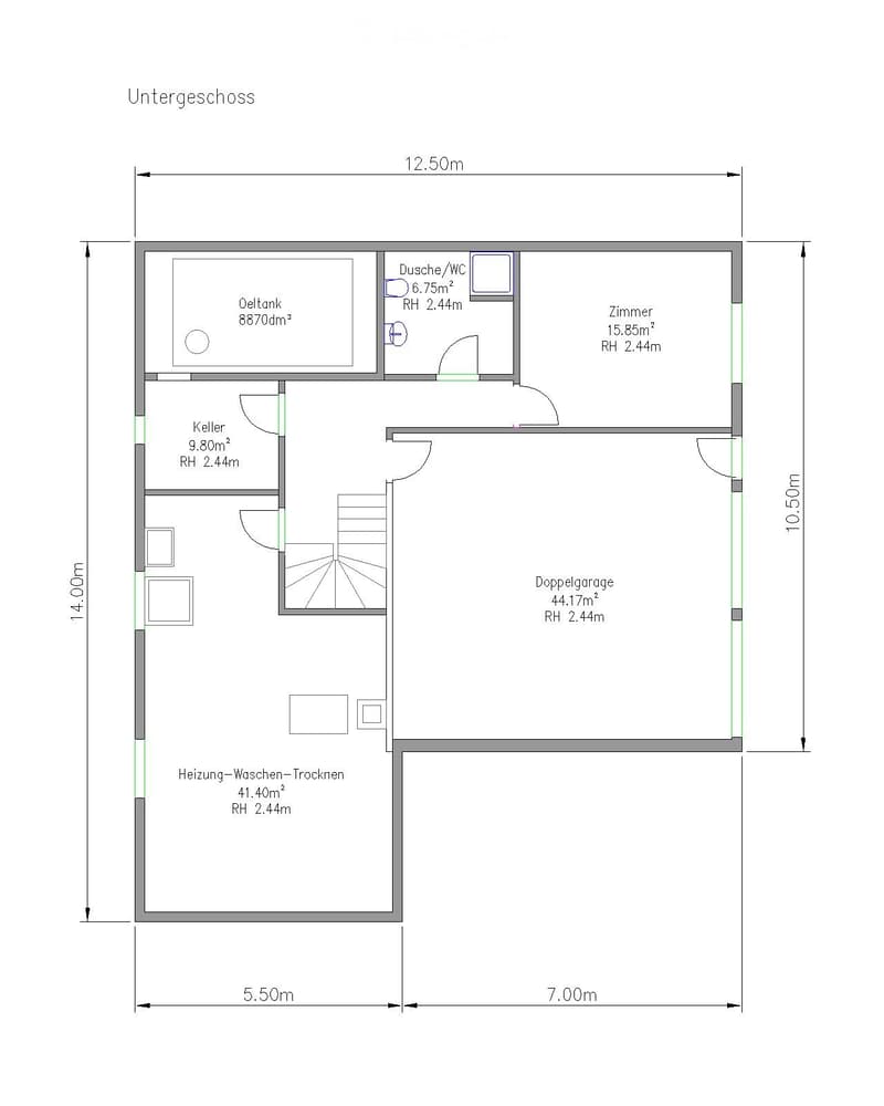Layout of a basement level showing a double garage, storage area, utility room, oil tank, shower/WC, and additional room.
