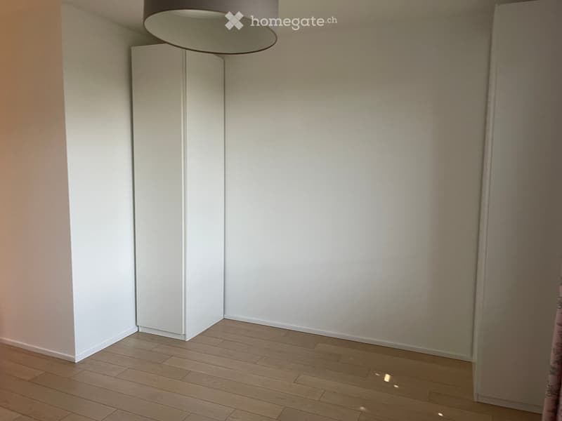 Empty room with light wooden flooring, white walls, and a hanging light fixture.
