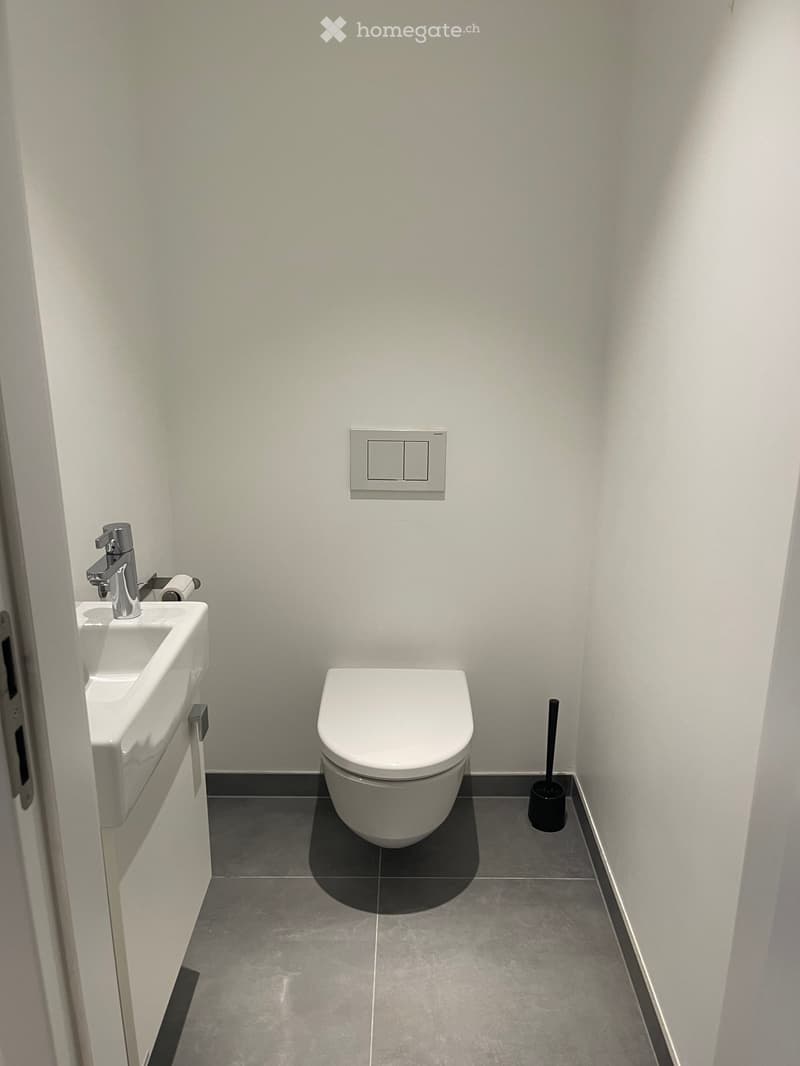 Modern bathroom with a white sink, chrome faucet, toilet, and toilet brush. Grey tiled floor and light grey walls.