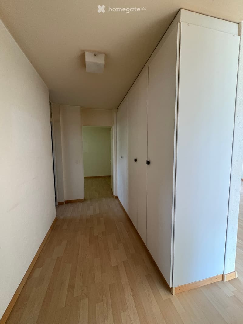 Empty hallway with wooden flooring, white walls, and tall white closets with black handles.