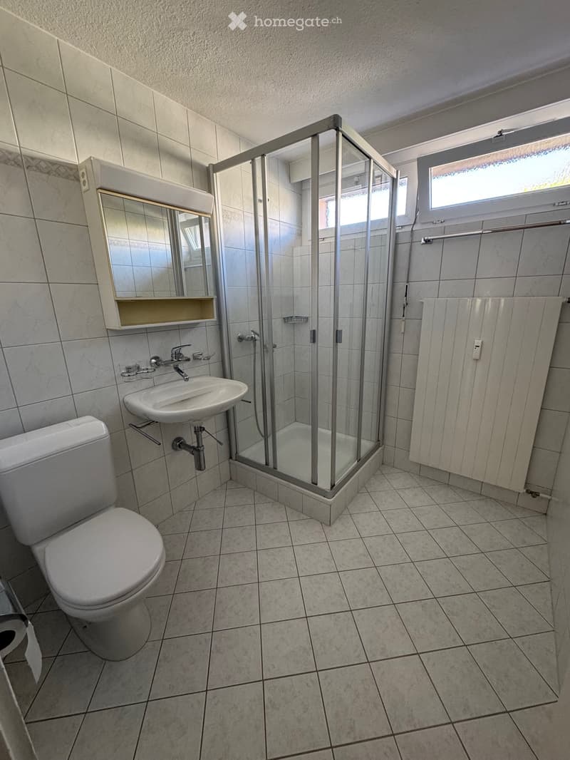 Bathroom. Bathroom with white tiles, toilet, sink, mirror, and shower enclosure.