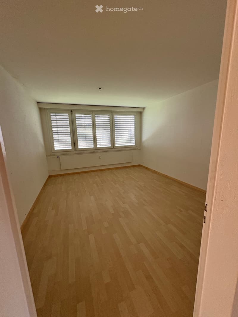 empty room with wooden floor, large window, white walls, heater