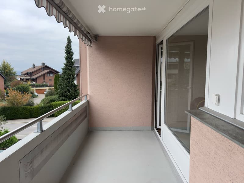Balcony with metal railing, glass door, white floor, pink wall, metal handrail, metal grate
