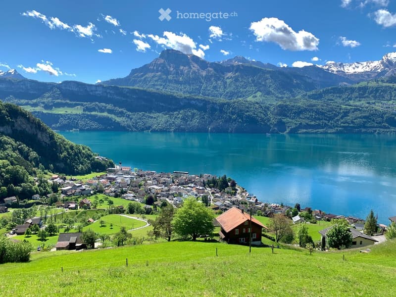 A picturesque village nestled by a serene lake, surrounded by lush green hills and towering mountains under a clear blue sky.