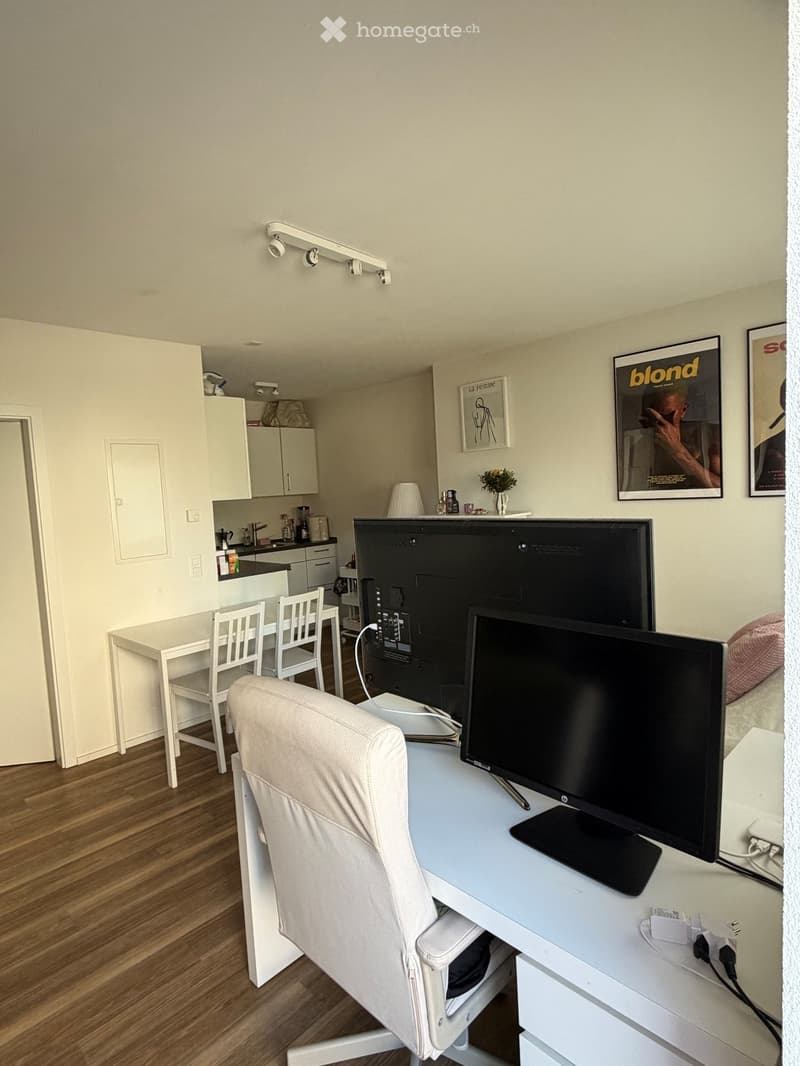 A modern, well-lit room with a desk setup, a kitchen area, and a dining table. The room features a white leather chair, a desk with a large screen, a small kitchen with cabinets and a sink, and a dining table with chairs.