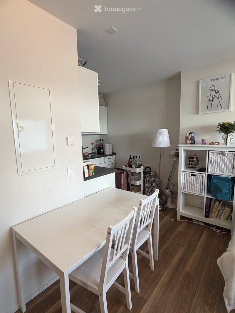 A modern, compact living space with a dining table and chairs, a small kitchen area, a shelf with books and decorative items, and a lamp. The room features light-colored furniture and wooden flooring.