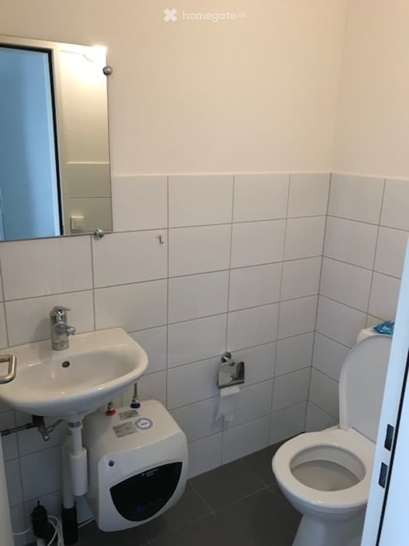white tiles, white sink, silver faucet, white toilet, mirror, white walls