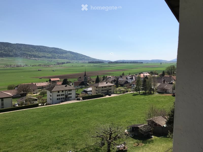 Panoramic view of a rural village with houses, green fields, and distant mountains under a clear blue sky.