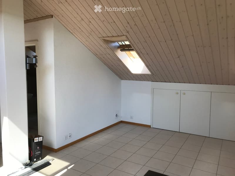 Empty attic room with wooden slanted ceilings, tiled floor, white walls, built-in white cabinets, and a skylight window allowing natural light.