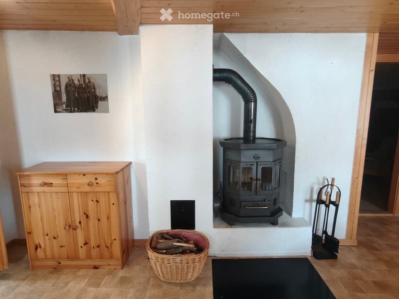 wooden cabinet, fireplace, basket with firewood, wood floor, wood ceiling