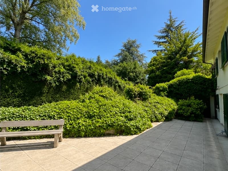 A tiled patio area surrounded by lush green hedges and trees, with a wooden bench placed on the left side.