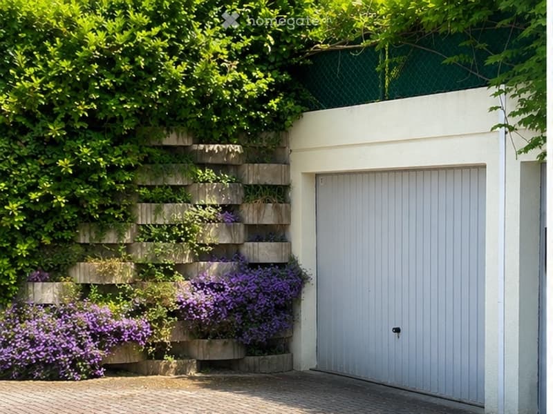 A small garden area with a white garage door on the right, featuring a vertical garden wall with purple flowers and green foliage, and a paved ground.