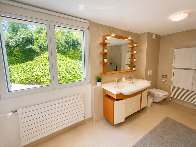 Modern bathroom with a double sink, large mirror, toilet, radiator, towel rack, and potted plants on shelves.