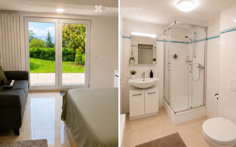 Bright living space with a view of a green garden, featuring a sofa, bed, and a modern bathroom with a shower, sink, and toilet.