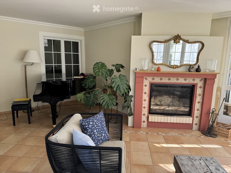 A well-furnished living room with a fireplace, a grand piano, a wicker sofa, and a large leafy plant. The fireplace has a decorative mirror above it, and there is a table lamp near a large window.