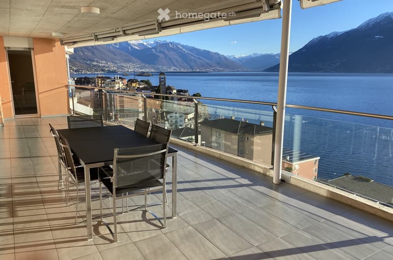 modern furniture, panoramic view, tiled flooring, metal railings