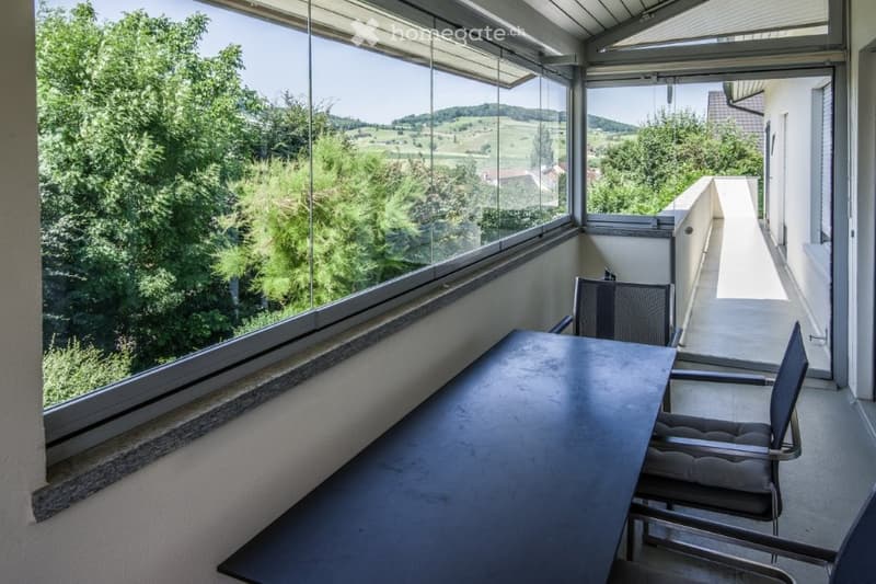 large windows, black table, two outdoor chairs, green trees and grass