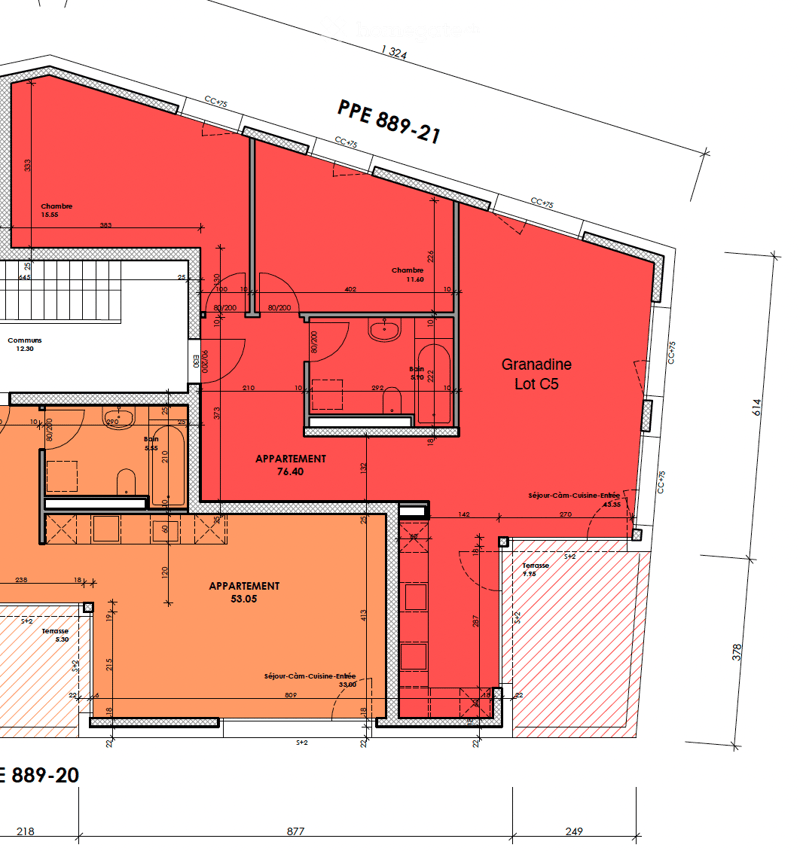 Floor Plan. Floor plan showing two apartments, each with a living-dining-kitchen area, bedrooms, bathrooms, and terraces.