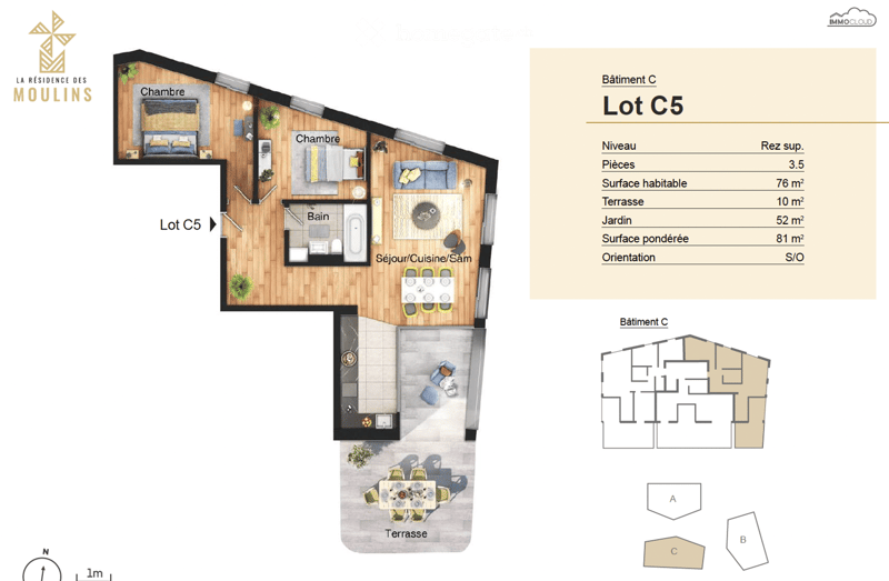 Floor Plan. Floor plan of Lot C5 showing a 3.5-room layout with a living/dining/kitchen area, two bedrooms, a bathroom, and a terrace.
