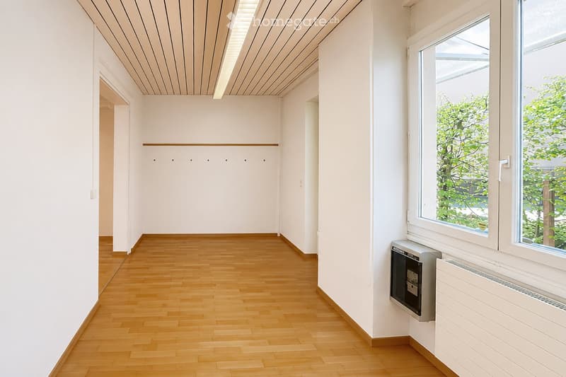 Unfurnished Room. Empty hallway with light wooden flooring, white walls, and large windows showing greenery outside. No furniture or equipment present.