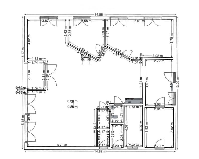 Floor Plan. Floor plan of a residential space with labeled dimensions, including a living area, kitchen, bedrooms, and bathrooms.