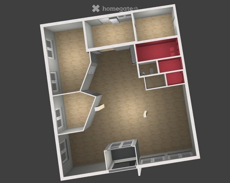 Floor Plan. Top-down floor plan of a multi-room layout including a living area, kitchen, bedroom, and bathroom.