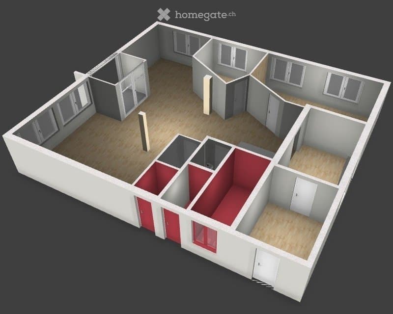 Floor Plan. 3D floor plan of a house with multiple rooms including a living area, bedrooms, and bathrooms. The layout shows open spaces and enclosed rooms with wooden flooring and white walls.