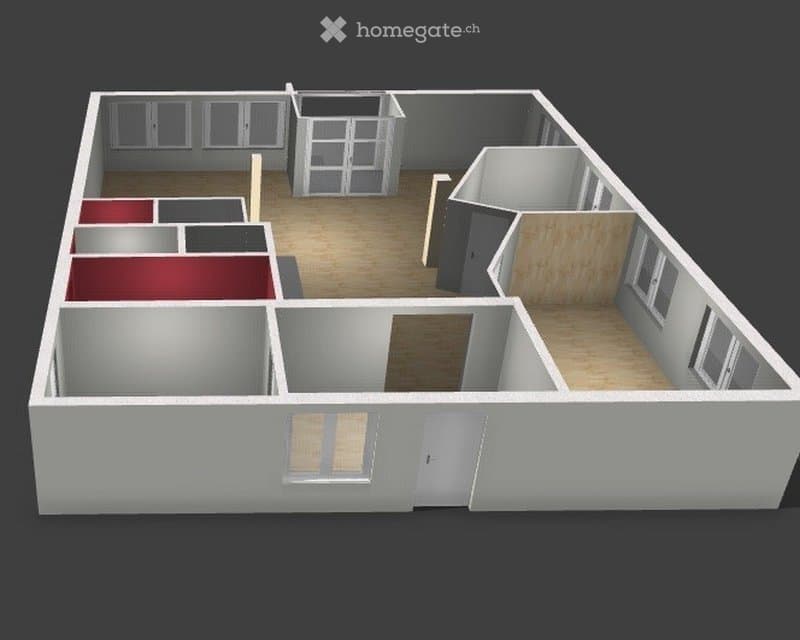 Floor Plan. 3D floor plan of a house with multiple rooms including a living area, kitchen, bedrooms, and bathrooms.