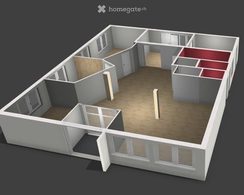 Floor Plan. 3D floor plan of a multi-room space with open living area, kitchen, bedrooms, and bathrooms.
