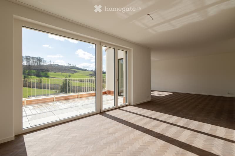 Empty room with sliding glass doors leading to balcony, hardwood parquet flooring, large windows, mountain view