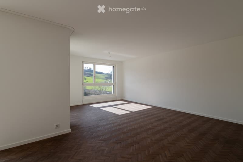 empty room, hardwood floor, white walls, large window, no furniture