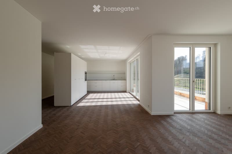large room, hardwood floors, white walls, kitchen with cabinets, balcony, sliding doors