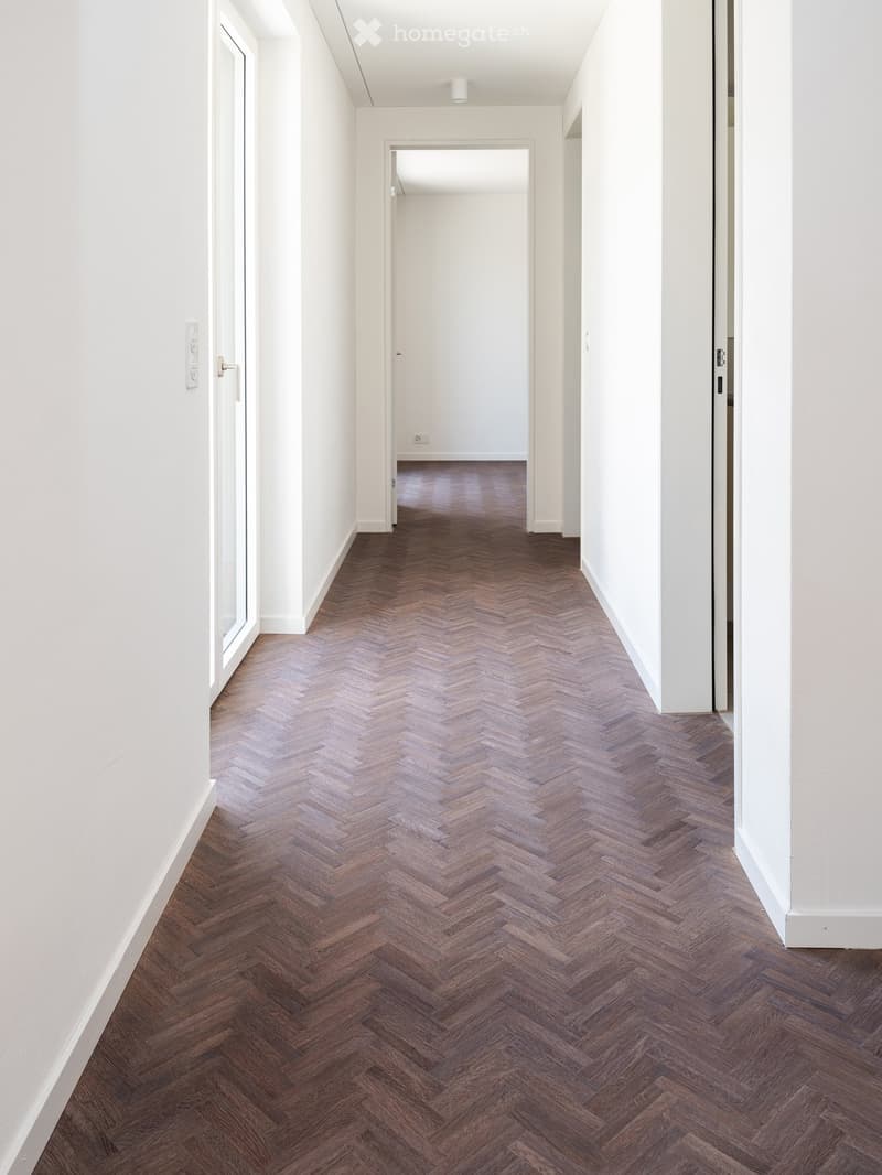 Corridor / Hallway. A long, narrow hallway with white walls and a herringbone-patterned wooden floor. The hallway features a single door at the end and a light fixture on the ceiling.