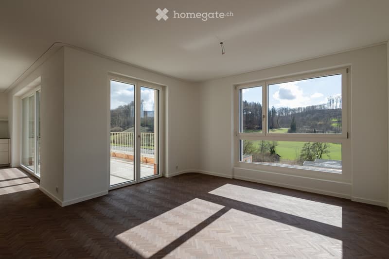 Wooden floor, white walls, glass sliding doors, large windows, balcony with railing, empty room