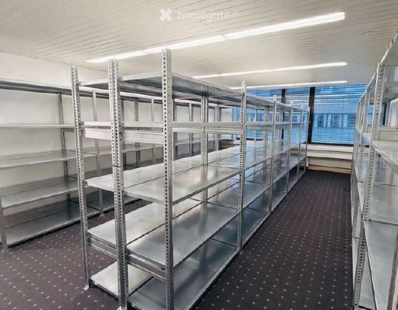 Unfurnished Room. Empty room with metal shelving units and large windows, no furniture or personal items present.