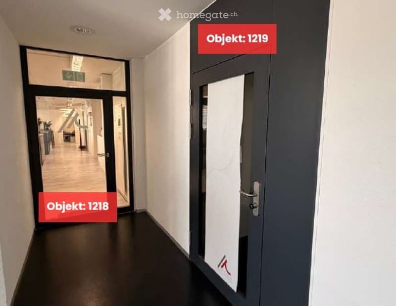 Corridor / Hallway. A modern hallway with white walls, black flooring, and two doors labeled 'Objekt: 1218' and 'Objekt: 1219'. The hallway has a clean, minimalist design with a visible ceiling light fixture.