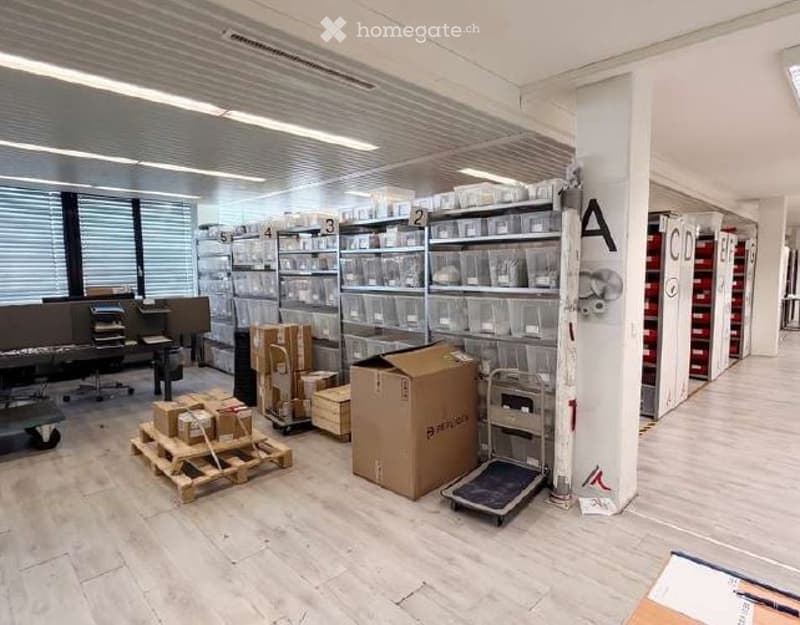 Unfurnished Room. Empty warehouse or storage space with shelving units, cardboard boxes, and pallets. No furniture or personal items present.