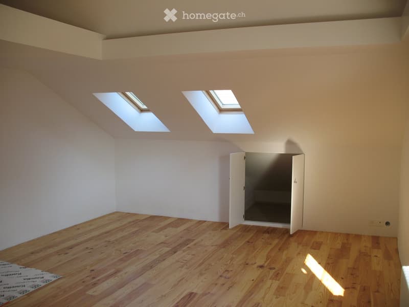Unfurnished Room. Empty room with wooden flooring, white walls, and skylight windows, featuring an open closet door.