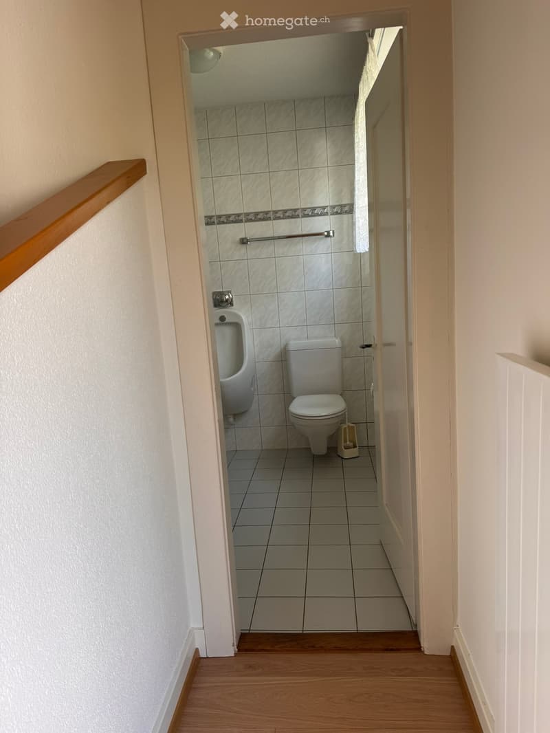 Bathroom. A small bathroom with a toilet, urinal, and toilet brush, featuring tiled walls and a wooden floor visible through an open doorway.