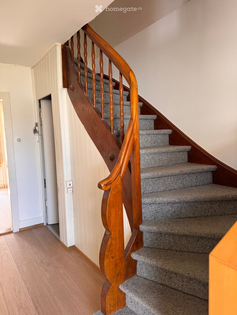 Corridor / Hallway. Wooden staircase with grey carpeted steps and wooden handrail, leading to an upper level. The hallway has light-colored walls and wooden flooring.