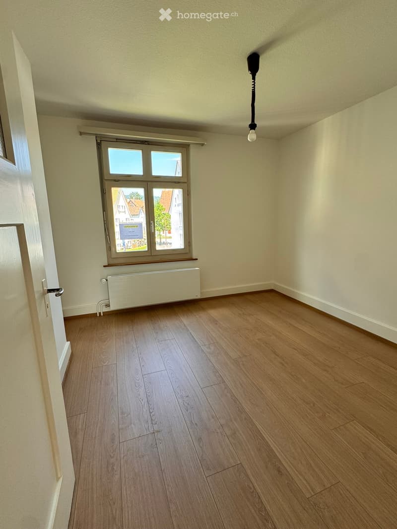 Unfurnished Room. Empty room with wooden flooring, white walls, a window with double glass panes, a radiator, and a hanging light fixture.