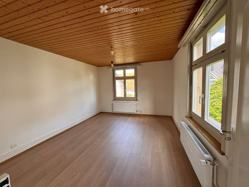 Unfurnished Room. Empty room with wooden flooring, white walls, and wooden ceiling. Two windows with radiators below them, and a single light fixture hanging from the ceiling.
